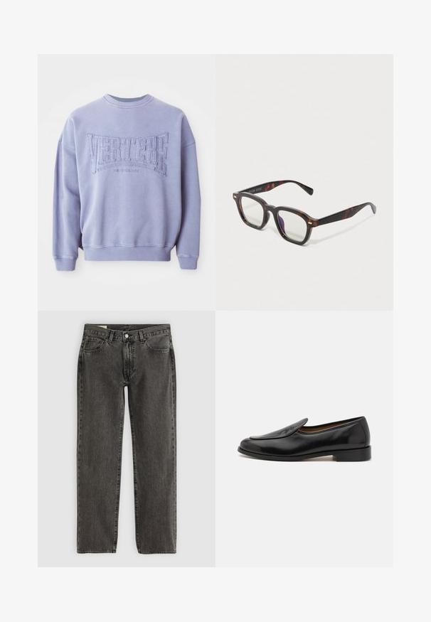 Fialová mikina vyrobená z jemnej látky s prišitým textom "VERTERE" a "BERLÍN". Hranaté manžety a výstrih s voľným strihom.; Čierne vyblednuté nohavice s rovnými nohavicami, so piatimi vreckami, zapínaním na gombík a pútkami na opasok, ležiace na bielom pozadí.; Čierne kožené mokasíny s hladkým povrchom, zaoblenou špičkou, nízkym opätkom a bočnými rozparkami pre jednoduché obliekanie. Obsahujú jemný logo detail na prednej strane.; Želvovinové obdĺžnikové okuliare s priehľadnými šošovkami a jemnými zlatými akcentmi na rámoch, vystavené na bielom pozadí.