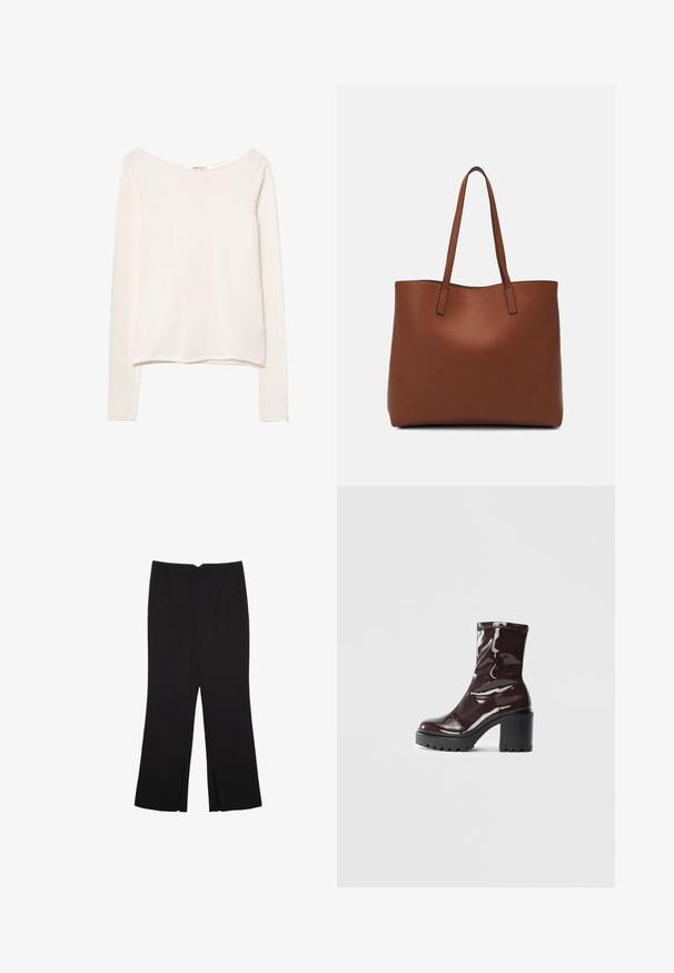 Dlouhý rukáv, lehký top z měkké off-white tkaniny, s širokým výstřihem a volným střihem. Hladká texturie bez vzoru.; Černé kalhoty s rovným střihem, s předními kapsami a bočními rozparky na lemu. Vyrobené z jemné, hladké tkaniny. Vhodné na různé příležitosti.; Lesklá bordó kotníková bota s masivním černým podpatkem, se hladkým povrchem a jednoduchým designem. Žádné viditelné zapínání ani vzory.; Hnědá kožená taška přes rameno s hladkou texturou, otevřeným designem a dvěma ramenními popruhy. Obsahuje minimální švy a žádné viditelné kovové prvky.