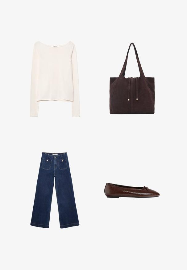Long-sleeve, lightweight top in soft off-white fabric, featuring a wide neckline and a relaxed fit. Smooth texture with no patterns.; Dark blue wide-leg jeans made of denim, featuring two front pockets with decorative buttons, and a straight-cut hem.; Brown leather ballet flat with a smooth texture, pointed toe, and a bow accent on the front, featuring a low black rubber sole.; Mango Tote bag - dark brown