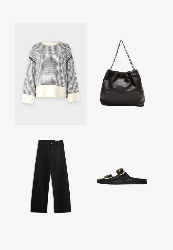 Strikket sweater med et tekstureret mønster i kremhvid og marineblå. Ribbet kant og manchetter, løstsiddende pasform og rund halsudskæring.; Sorte wide-leg denim bukser med høj talje, der har front- og baglommer, syede sømme og en knaplukning. Glat tekstur.; Sort skridsandal med to guldspænder, glat tekstureret materiale, flad sål og et minimalistisk design.; Brun lædertaske med en rynket top og en kædestrop. Glat tekstur med en blank finish og subtile sømdetaljer på siderne.