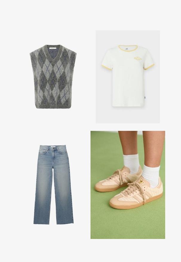 Gyapjú keverék mellény, szürke és világosszürke argyle mintával, kék kiemelésekkel. V nyakú dizájn és oversized fazon. Puha textúra.; Fehér pamut póló sárga bordázott gallérral és ujjak végénél. Az elején sárgával hímzett logóval rendelkezik. Normál fazonú.; Világoskék, bő szárú farmernadrág, magasan illeszkedő derékkal, elülső zsebekkel és gombos záródással. Sima textúra, fakó részekkel.; Beige színű, szőtt Adidas sportcipőt viselő lábak, gumitalppal és fehér bokazoknival, zöld, textúrált padlón.