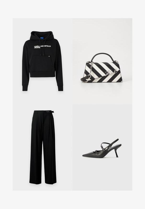 Sudadera negra cortada hecha de un tejido suave, con un bolsillo frontal, capucha con cordón y el logo en texto blanco "KARL LAGERFELD JEANS."; Pantalones de pierna ancha negros con cintura alta, pliegues en la parte delantera y un cinturón con hebilla. Confeccionados con una tela suave y liviana.; Tacones slingback de cuero negro con punta afilada, tacón delgado y detalle decorativo de hebilla en la parte superior. Textura suave y diseño elegante.; Bolso de mano a rayas en blanco y negro con una forma estructurada, que cuenta con un asa superior, una correa de cadena desmontable y un acento de logo metálico.