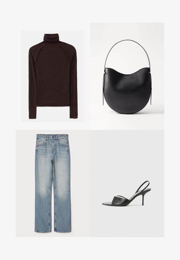 Bruine coltrui gemaakt van zacht materiaal, met lange raglanmouwen, geribde manchetten en hals, en een subtiele logo-accent op de zoom.; Lichtblauwe denim jeans met een rechte pasvorm, voorzien van een hoge taille, vijf zakken en subtiele vervaging op de dijen en knieën.; Zwarte leren slingback hakken met een spitse neus, dunne enkelband en stiletto hak. Bevat een geknoopte detail op de bovenkant.; Zwarte leren schoudertas met een gebogen vorm, dunne handgreep en subtiele gouden accenten. Gladde textuur met een minimalistisch ontwerp.