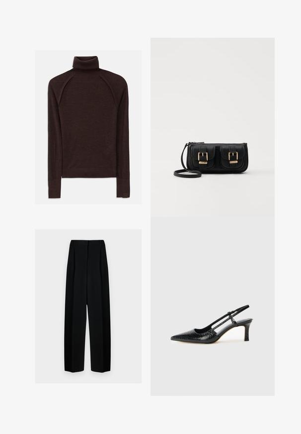 Rjav pulover s turtleneck krojem, izdelan iz mehkega materiala, s dolgimi raglan rokavi, rebrastimi manšetami in ovratnikom ter diskretno logotipno akcentacijo na robu.; Črne široke hlače z visokim pasom, ki vključujejo naborke in gladko teksturo. Tkanina se zdi lahka in elegantno pada.; Črne lakaste slingback pete s koničastim nosom, ki imajo teksturiran vzorec kačje kože, nastavljiv trak in kratek teksturiran blok peto.; Črna usnjena torbica čez ramo z dvema sprednjima žepoma, zlatimi zaponkami, zadrgo in ozkim pasom. Tekstura površine je strukturirana, obliko pa ima kompaktno pravokotno.