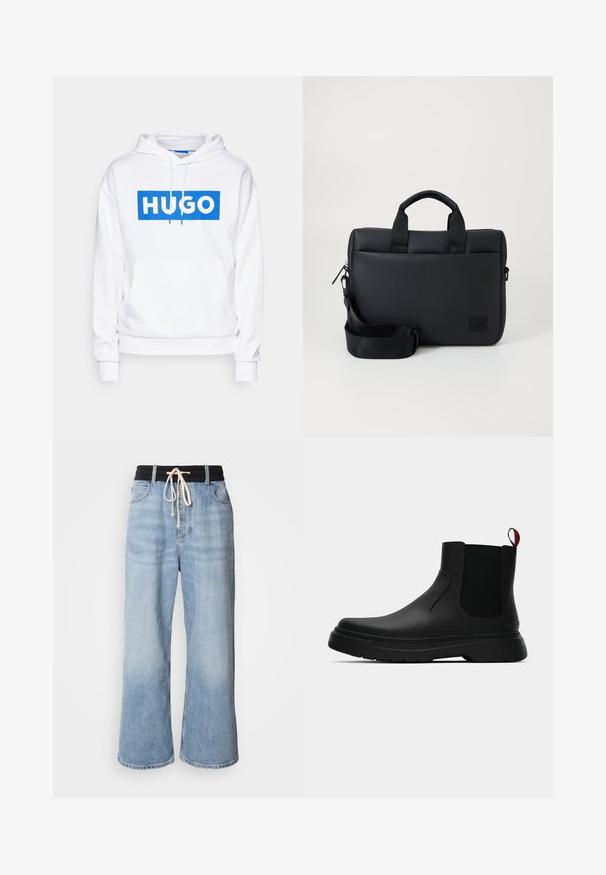 Sudadera blanca con un bolsillo canguro frontal, que presenta un gráfico rectangular azul con "HUGO" en letras blancas en negrita. Cuerdas en la capucha.; Jeans de pierna ancha de color azul claro con una cinturilla elástica negra, que cuentan con un cierre de cordón y un diseño clásico de cinco bolsillos.; Botín negro con un acabado liso, paneles laterales elásticos y una lengüeta de tirón roja contrastante, que presenta una suela de goma gruesa y punta redondeada.; Bolsa para portátil negra texturizada con doble asa superior, correa desmontable, cierre de cremallera y un pequeño parche con el logo para la marca.