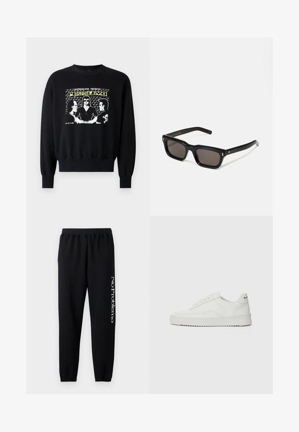 Černá mikina s dlouhými rukávy a žebrovanými manžetami. Přední grafika zobrazuje tři postavy v retro designu se žlutými a bílými textovými akcenty.; Černé tepláky s elastickým pasem, zúženýmianklemi a bílým textem "No Problemo" vytištěným na levé noze. Měkký materiál z bavlny.; Bílé kožené tenisky s hladkým povrchem, kulatou špičkou, plochými tkaničkami a texturovanou podrážkou. Na patě se nachází nenápadné logo.; Černé obdélníkové sluneční brýle s tmavými skly, silným plastovým rámem, zlatými akcenty na spáncích a vyrytým logem značky na nožičce.