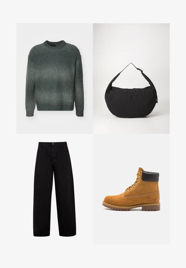 Abercrombie & Fitch WARM HANDED OVERSIZED - Džemperis - green spacedye; Melni platā kāju džinsi no denima, ar priekšējām kabatām, pogu aizdari un tīru, minimālistisku dizainu bez redzamām rakstām.; Brūna zamša potīte ar melnu izšuvumu ap kaklu, zelta metāla acu caurumi, balta šuvju apdare un izturīgs gumijas zole ar izteiktu zīmējumu.; Melnas auduma plecu soma ar izliekta formu, sākotnēji ar vienu siksnu un ar rāvējslēdzēja aizdari. Mīksta tekstūra, minimālisma dizains.