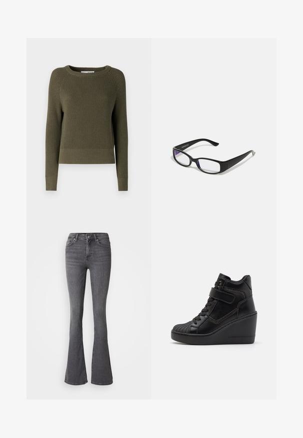 Olive green knitted sweater with a ribbed texture, round neckline, long sleeves, and a cropped hem. Casual design suitable for layering.; Gray flared jeans featuring a high waist, button closure, five pockets, and subtle stitching accents. Made of denim with a smooth texture.; Black high-top wedge sneakers made of smooth leather, featuring lace-up front, adjustable strap, and decorative zip accents.; Black rectangular glasses with clear lenses. Glossy finish, narrow arms, and purple tint visible at the edges of the lenses.