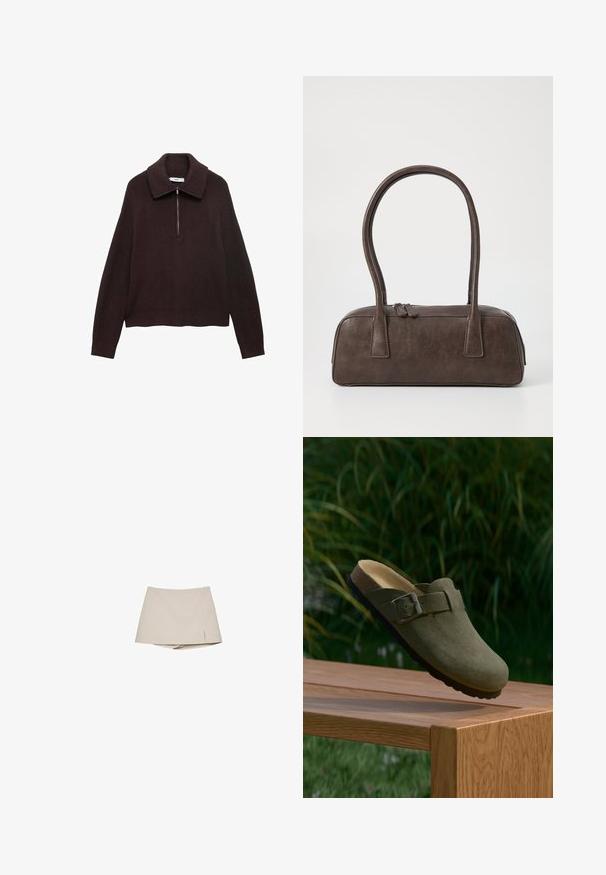 Brun stickad tröja med vid krage, halvmoln fram och sänkta axlar. Har ribbad textur och cropped längd.; Beige kvinno-skort med en lätt framslid och fastsatta shorts under, visad mot en vit bakgrund.; Grön mocka klumpa med rundad tå, justerbart metallspänne och en formad korkfotbädd. Texturerad sula på en träyta.; Brun läderhandväska med två stadiga handtag, rektangulär form, slät yta och dragkedjestängning. Minimalistisk design utan synliga mönster.