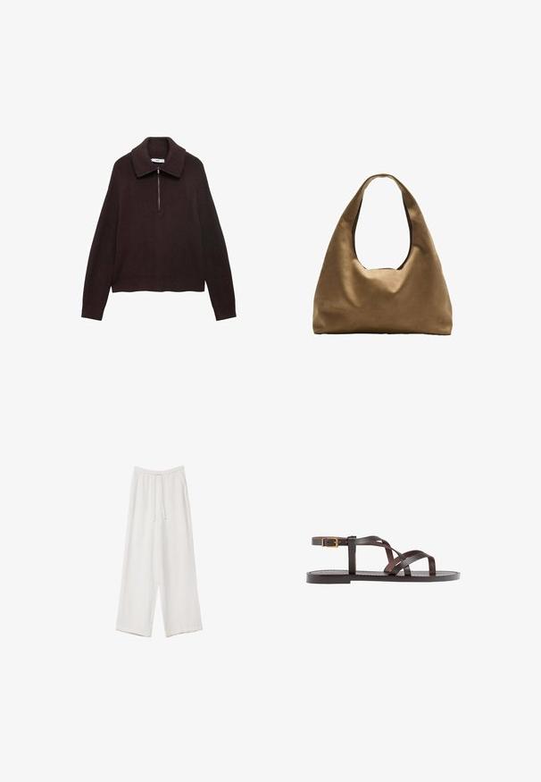 Smešani smeđi pleteni pulover širokog ovratnika, s polu-zip zatvaranjem sprijeda i spuštenim ramenima. Ima rebrastu teksturu i skraćenu dužinu.; Bijele hlače širokih nogavica napravljene od lagane tkanine. Imaju elastičan pojas s ušicom i bočne džepove. Glatka tekstura.; Smeđe kožne sandale s iskrižanim trakama, umetkom za zapešće s kopčanjem i ravnim potplatom s minimalnim detaljima šivanja.; Smeđa platnena torba za rame s širokim, zaobljenim tijelom i velikim izrezanim drškom. Mekana tekstura, minimalistički dizajn i bez vidljivog hardvera.