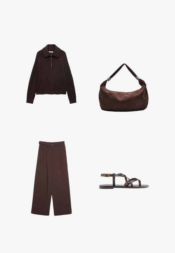 Bruine gebreide trui met een brede kraag, halve rits aan de voorkant en verlaagde schouders. Heeft een geribbelde textuur en een verkorte lengte.; Stradivarius WIDE-LEG WITH BUCKLE DETAIL  - Broek - dark brown; Bruine leren sandaal met kruisingen van banden, een enkelgesp-sluiting en een platte zool met minimale stikdetails.; Bruine suède schoudertas met een ritssluiting, met een gedraaid hengsel versierd met metalen accenten voor een veilige draagervaring.