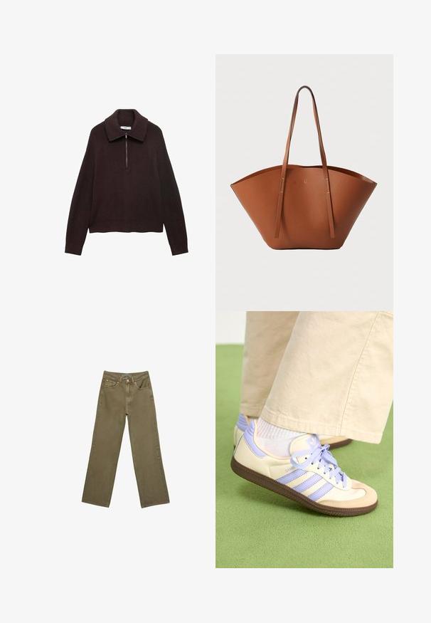 Maglione marrone a maglia con colletto ampio, zip frontale a metà e spalle scese. Presenta una texture a coste e una lunghezza cropped.; Jeans a gamba larga in cotone verde oliva con una trama robusta. Presentano una chiusura con zip, cinque tasche e cuciture a contrasto vicino alla vita.; Sneakers crema e lavanda con tre strisce e suola marrone texturizzata, dotati di lacci e tallone imbottito. Parte superiore in tessuto morbido.; Borsa tote in pelle marrone con una forma ampia e strutturata, manici sottili e una finitura testurizzata. Presenta un design minimalista senza hardware visibile.