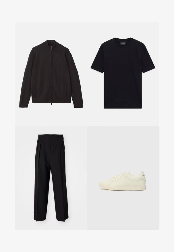 Emporio Armani CARDIGAN - Kardigan - grey fancy; Mustam short-sleeve ringiga T-särk diskreetse reljeefse mustriga ja brändi sildiga krae sees, lamades valgel taustal.; Mustad volditud püksid sirge ja laia säärega disainiga. Valmistatud siledast kangast, millel on nuppudega sulgemine ja vööaasad.; Valged nahast jooksujalanõud, millel on minimalistik disain, tekstureeritud pealmine osa ja ümar nina. Omavad kummist tallat ja diskreetset brändingut kandadel.