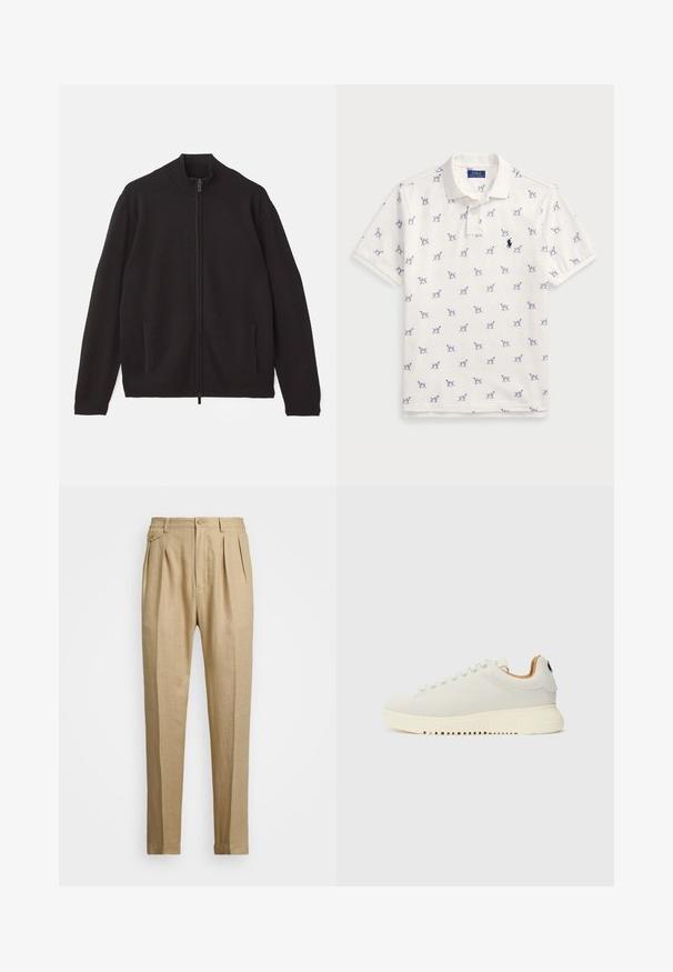 Emporio Armani CARDIGAN - Cardigan - grey fancy; Hvit polo skjorte laget av bomull, med et gjentatt blått hundemønster og en liten blå logo på brystet. Kortermet og med krage.; Beige linbukser med rett snitt, med to frontfold, knappeåpning og sidelommer. Teksturt stoff med en glatt finish.; Hvite sneakers med glatt skinnoverside, tykk kremgummisåle og subtile sømmer. Minimalistisk design med rund tå og snøresystem.