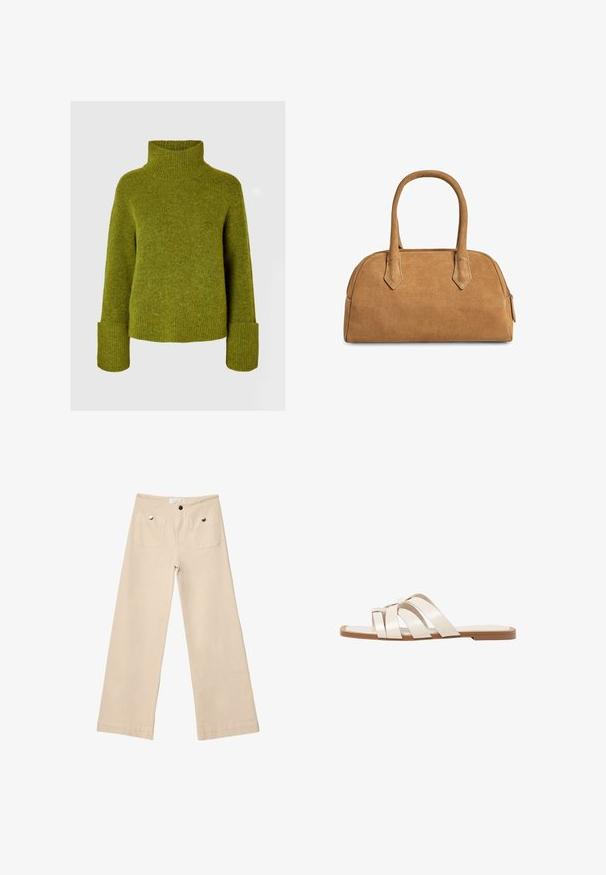 Selected Femme ROLLKRAGEN - Strickpullover - cardamom seed; Beige weit geschnittene Hose aus weicher Baumwolle, mit zwei vorderen Taschen mit silberner Beschlägen, gerader Schnitt und sauber verarbeiteten Säumen.; Flache Sandalen mit einer honigfarbenen Gummisohle, gestaltet mit drei überlappenden weißen Lederriemen und einem kleinen Schleifendetail in der Mitte.; Tasche aus beigem Wildleder mit strukturierter Form, zwei Griffen, dreieckigen Ausschnitten und einem Reißverschluss oben zum Schließen.