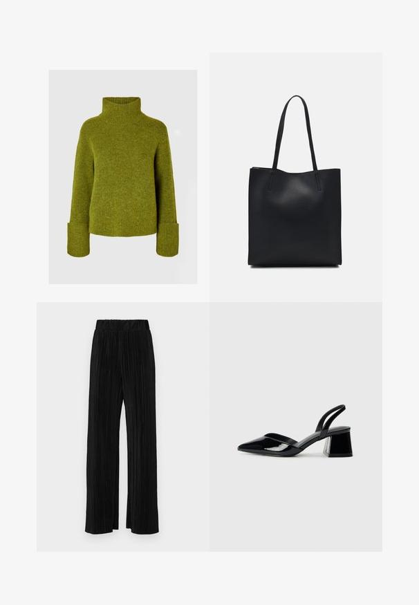 Selected Femme ROLLKRAGEN - Pulover - cardamom seed; Črne plisirane hlače z elastičnim pasom. Imajo široke noge in gladko, teksturirano tkanino z navpičnimi črtami.; Črne lakirane slingback pete s koničastim nosom in geometrijsko blokasto peto. Imajo eleganten, minimalističen dizajn in gladko teksturo.; Črna usnjena torba s svilnato teksturo, pravokotne oblike in dvema dolgima ročajema. Brez vidnih metalnih delov ali okrasnih elementov.