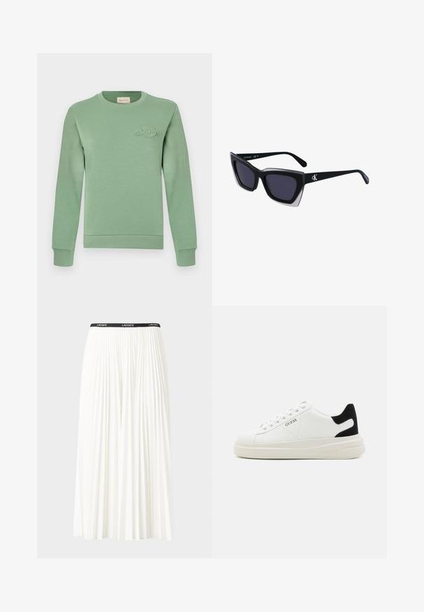 Sweatshirt verde-claro feito de material de algodão, com um decote e punhos canelados, apresentando um detalhe do logótipo bordado no peito.; Saia plissada branca com uma cintura elástica preta que apresenta o logótipo "LACOSTE". Design de comprimento médio com textura suave.; Sapatilhas brancas de couro com uma sola branca espessa, detalhe em camurça preta no calcanhar e logótipo em relevo na lateral. Design com atacadores e seis ilhós.; Óculos de sol oversized pretos com forma geométrica, apresentando lentes escuras e um detalhe cinza em contraste na armação. Logotipo na haste.