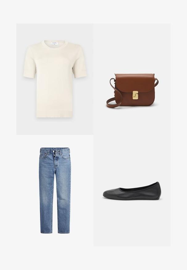 Suéter de punto suave, de manga corta y color crema, con escote redondo. Presenta un dobladillo y puños acanalados, elaborado con material liviano.; Jeans de mezclilla azul claros con corte recto, diseño de cinco bolsillos y cierre de botón. Presentan un ligero desvanecimiento y acentos de costura en naranja.; Bailarina de piel negra con punta redondeada, textura suave, detalle de costura minimalista y diseño de suela flexible.; Bolso de mano de cuero marrón con cierre de solapa, herrajes en tono dorado, correa para el hombro y una textura suave. Forma rectangular compacta.