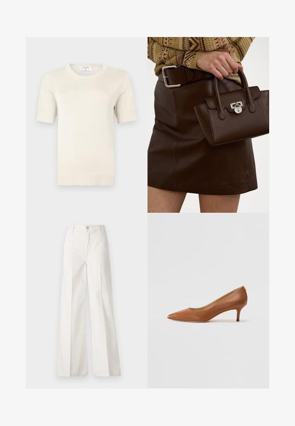 Soft, short-sleeve, cream-colored knit sweater with a round neckline. Features a ribbed hem and cuffs, made from lightweight material.; White wide-leg trousers made from cotton with a smooth texture. Features a front button, zipper fly, and four-pocket design.; Lauren Ralph Lauren ADRIENNE - Classic heels - deep saddle tan; Brown leather handbag with a textured finish and silver hardware, held with a hand beside a brown leather skirt and patterned sweater.