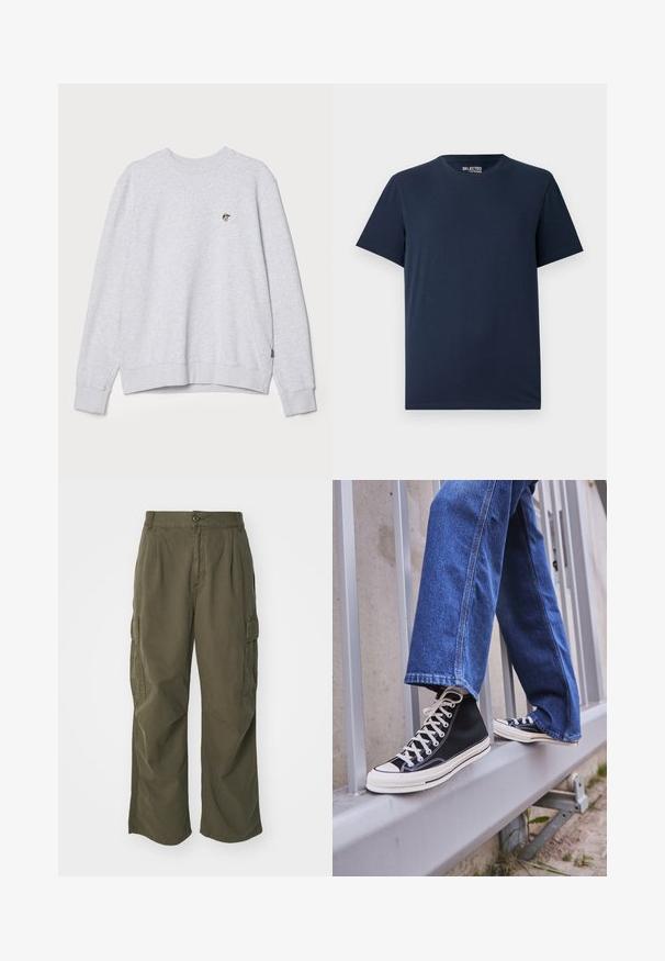 Pompeii RELAXED CREW NECK - Mikina - grey; Námořnická modrá bavlněná tričko s kulatým výstřihem a krátkými rukávy. Má jednoduchý design bez vzorů nebo ozdob.; Olivové cargo kalhoty z bavlny, s širokým střihem, sklady a postranními kapsami pro praktičnost.; Černé vysoké tenisky s bílou podrážkou a tkaničkami, v kombinaci s volnými modrými džíny, odpočívající na šedém zábradlí.