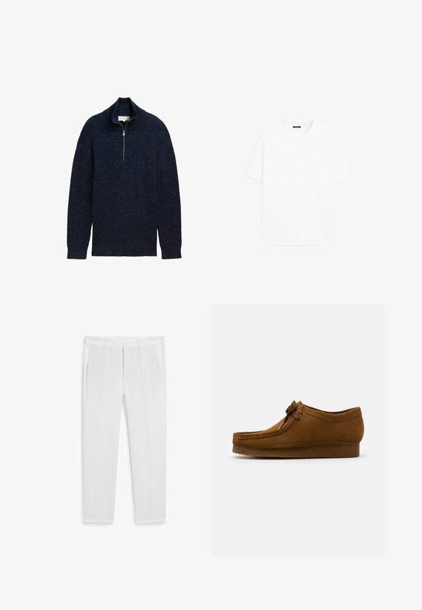 Granatowy sweter z dzianiny z połowicznym zamkiem, prążkowaną fakturą i plamkami w całej powierzchni. Długie rękawy z mankietami.; Biały bawełniany t-shirt z krótkimi rękawami, okrągłym dekoltem i prostym krojem. Gładka faktura bez widocznych wzorów czy akcentów.; Białe lniane spodnie o prostym kroju, z dwoma przednimi kieszeniami i zapięciem na guzik. Gładka faktura, bez widocznych wzorów czy akcentów.; Brązowy zamszowy but z okrągłym noskiem i niskim obcasem, z ozdobnymi stębnowaniami wzdłuż szwów oraz sznurowanym przodem. Miękka tekstura z eleganckim designem.