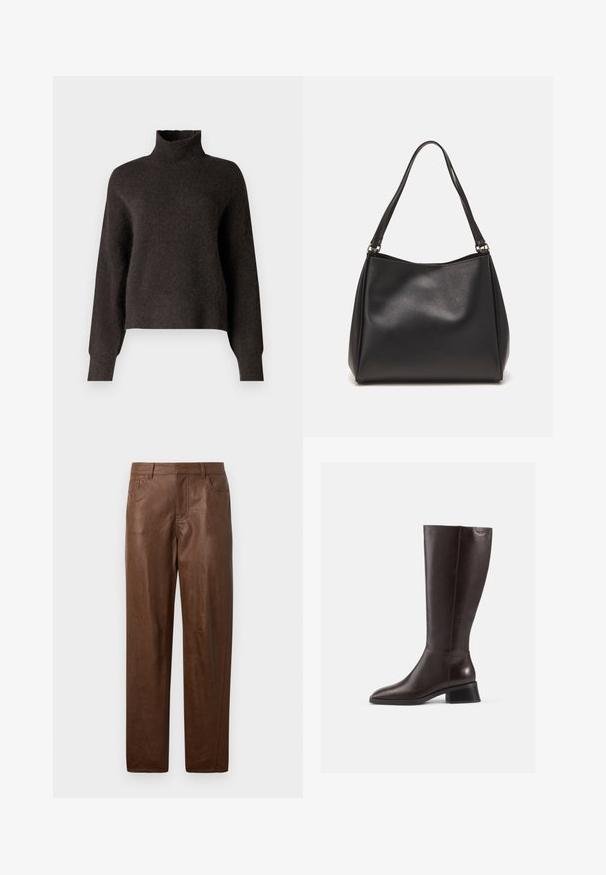 Samsøe Samsøe NOLA brązowy; Brązowe skórzane spodnie o gładkiej fakturze, z prostym krojem nogawki i dwoma bocznymi kieszeniami. Posiada widoczne detale szwów.; Kozaki skórzane w kolorze brązowym, sięgające do kolan, z gładkim wykończeniem, zaokrąglonym noskiem i czarnym, podwyższonym obcasem. Prosty design z minimalną ilością detali metalowych.; Czarna torebka na ramię z syntetycznej skóry o miękkiej strukturze, w kształcie hobo, z podwójnymi ramiączkami. Posiada połyskliwe wykończenie i minimalistyczny design.