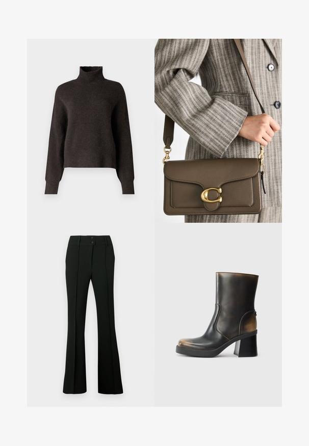 Samsøe Samsøe NOLA - Pullover - chocolate torte; Pantalon évasé noir en tissu lisse, avec une taille haute munie de deux boutons et des plis devant, offrant une apparence élégante et ajustée.; Bottine en cuir noir avec une finition brillante, bout rond, accents en tan contrastés, un talon carré et un détail de fermeture éclair sur le côté.; COACH TABBY SHOULDER BAG 26 - Sac à main - dark stone