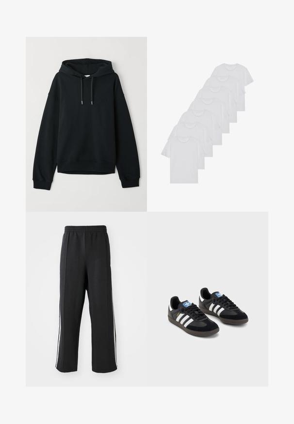Black hoodie made of soft cotton blend. Features a drawstring hood, ribbed cuffs, and hem, with a subtle logo on the chest.; White cotton T-shirts, short sleeves, crew neck design, plain texture, stacked in a row, with subtle branding at the neckline.; Black sweatpants with an elastic waistband, featuring white side stripes and a relaxed fit. Made from soft, stretchy fabric.; Black sneakers with a suede and synthetic upper, featuring three white stripes, textured rubber sole, and blue logo tag on the tongue.