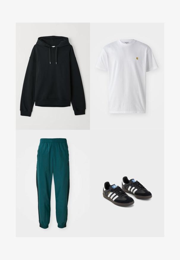 Crna dukserica izrađena od mekog pamučnog materijala. Ima kapuljaču s vezicom, rebraste rukave i rub, uz suptilan logo na prsima.; Bijela pamučna majica kratkih rukava s okruglim izrezom, sa malim zlatnim logotipom na lijevoj strani prsnog koša. Mekana tekstura i standardni kroj.; Tirkizne atletske hlače s pojasom na uže, elastičnim manžetama i bočnim crnim trakama. Napravljene od lagane tkanine, s logotipom blizu bokova.; Crne tenisice s gornjim dijelom od antilopa i sintetičkog materijala, s tri bijele pruge, teksturiranom gumenom potplatom i plavom oznakom na jeziku.