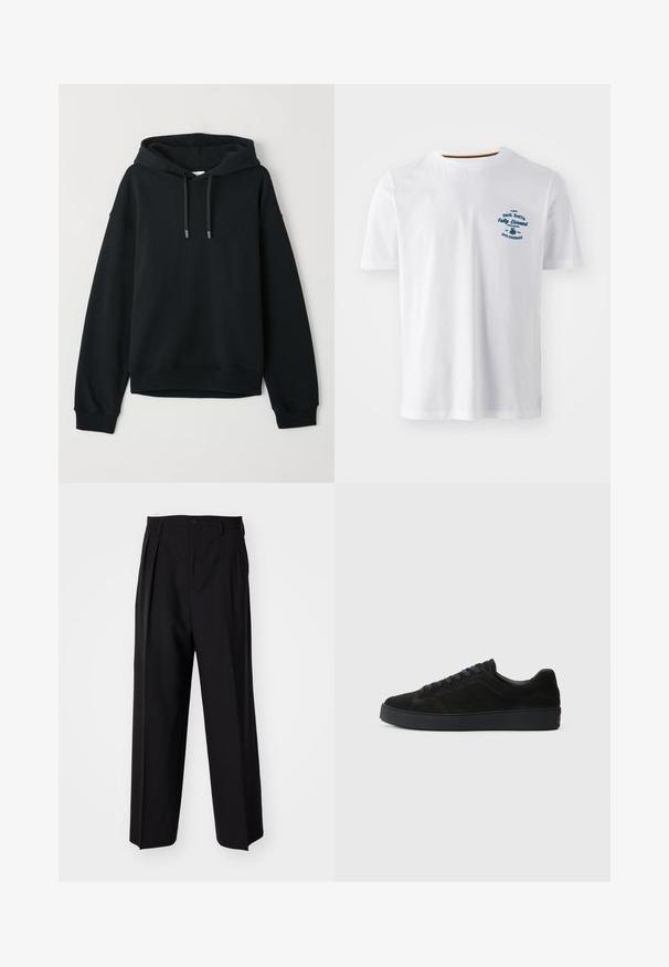 Sudadera negra hecha de una suave mezcla de algodón. Cuenta con una capucha ajustable con cordón, puños y dobladillo acanalados, y un sutil logotipo en el pecho.; Camiseta blanca de algodón con mangas cortas, con un logo impreso en azul en el frente. Cuello redondo con un ribete interior en contraste.; Pantalones negros plisados con un diseño recto y de pierna ancha. Fabricados en una tela suave, presentan un cierre de botón y trabillas para el cinturón.; Zapatillas de ante negro con suela plana y texturizada, puntera redondeada, seis ojetes para los cordones y un diseño minimalista.