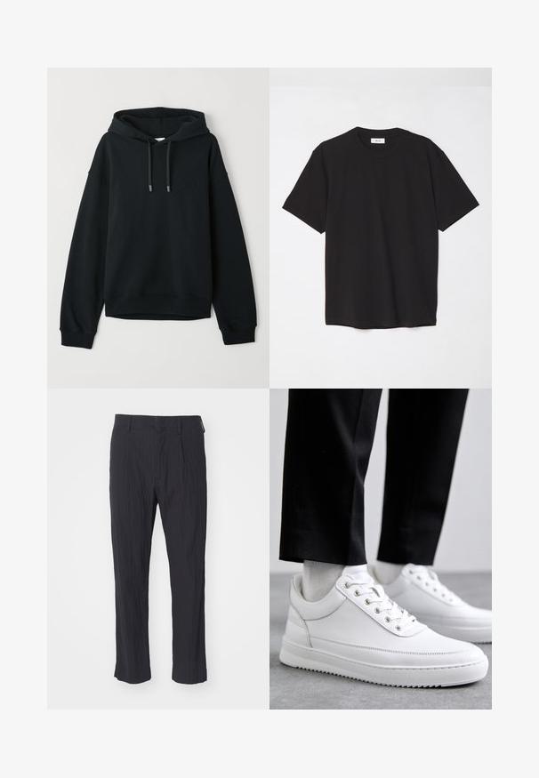 Svart hoodie i mjuk bomullsblandning. Har huva med dragsnodd, ribbade ärmslut och nederkant, samt en diskret logotyp på bröstet.; Svart bomulls t-shirt med rund hals, korta ärmar och avslappnad passform. Enkelt mönster, jämn textur och inga synliga mönster eller logotyper.; Svarta veckade byxor med en texturerad tyg, med rak bendesign och standardmidja. Inga synliga fickor eller hårdvara.; Vita lädersneakers med platt gummisula, med en slät finish, rund tå och metallöglor för snörning. Bärs med svarta byxor.