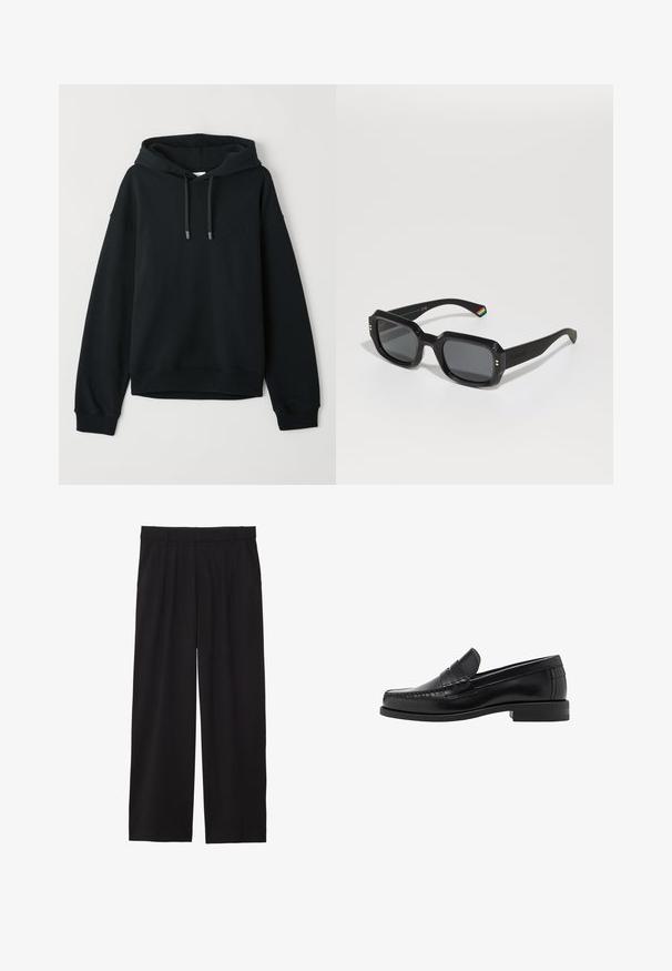 Felpa nera realizzata in una morbida combinazione di cotone. Presenta un cappuccio con cordino, polsini e orlo a costine, con un logo discreto sul petto.; Pantaloni neri a gamba larga con frontale plissettato, tasche laterali e una texture di tessuto liscia. Progettati per un fit comodo.; Mocassini in pelle nera con una finitura liscia, dettagli cuciti sulla punta e un design a tacco basso per comfort e stile.; Occhiali da sole rettangolari neri con lenti scure, montatura spessa, dettagli dorati e una striscia arcobaleno sul braccio.