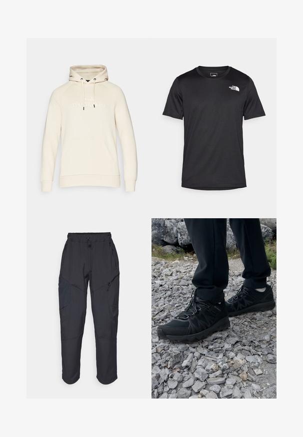 Beige pullover hoodie met een trekkoordcapuchon, kangoeroezak en reliëf "Peak Performance" logo op de voorkant. Zachte stofstructuur.; Zwarte T-shirt met korte mouwen van gestructureerde stof, voorzien van een klein wit logo op de bovenste linkerborst, rond de hals.; Zwarte cargo pants gemaakt van een lichtgewicht, waterafstotend materiaal; voorzien van een elastische tailleband, meerdere met rits gesloten zakken en taps toelopende pijpen.; Zwarte buitenschoenen van mesh en synthetisch materiaal, met een gestructureerd bovenwerk, een beveiligd vetersysteem en een robuuste zool, op een ruig terrein.