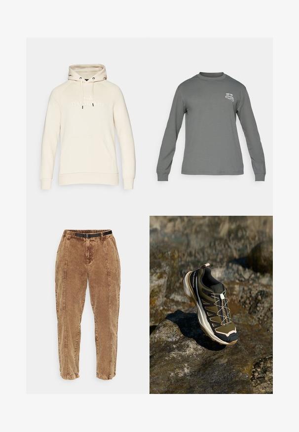 Felpa con cappuccio beige, dotata di cappuccio regolabile, tasca a marsupio e logo "Peak Performance" in rilievo sulla parte anteriore. Tessuto morbido.; Camicia a maniche lunghe in tessuto grigio, con collo rotondo e un logo grafico bianco sul lato sinistro del petto. Texture morbida e design semplice.; Pantaloni di velluto a coste marroni con una superficie testurizzata, dotati di una cintura nera regolabile, tasche laterali e una vestibilità comoda. I pantaloni si stringono verso le caviglie.; Scarpe da escursionismo in verde oliva e nero con dettagli rosa. Presentano una parte superiore testurizzata, suola flessibile, puntale rinforzato e un vivace sistema di allacciatura.