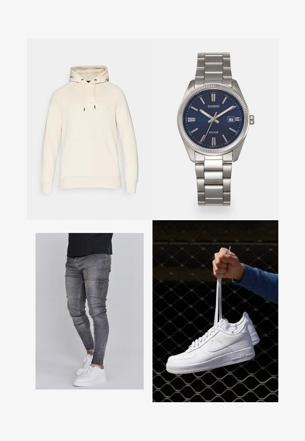 Beige pullover hoodie med snørehætte, kængurulomme og præget "Peak Performance" logo på fronten. Blød stoftekstur.; Slank jeans i falmet grå denim med slidte detaljer ved knæene, parret med hvide sneakers. Glat tekstur, slim fit design.; Hvide lædersneakers med perforeringer, rund tå, flad sål og tykke snørebånd, med et synligt swoosh-logo og "AIR" på hælen.; Sølv rustfrit stål urrem med en marineblå urskive, metallic timemarkører og et datovindue kl. 3. Vandafvisende op til 50 meter.