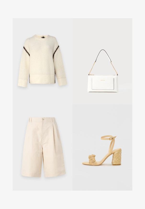 Kreminės spalvos megztinis su tekstūruotu raštu, ornamentuotas rudais siūlais pečių srityje ir šoninėse plyšiuose. Ilgi rankoviai, apvalus iškirpimas.; Šviesiai rudų lino šortai su laisvu kirpimu, su mygtukų uždarymu, klostuotais raštais ir kelio ilgio kirpimu. Lygus audinys ir paprastas stilius.; Bežiniai aukšti kulniukai su pintu tekstūra, puošiami dekoratyvine gėle ir kulkšnies dirželiu. Kvadratinis kulnas suteikia stabilumo.; Balta odinė rankinė su tekstūruotu paviršiumi, turinti auksinį grandinėlės dirželį ir juodas detales. Įskaičiuota priekinė kišenė ir užtrauktuko uždarymas.