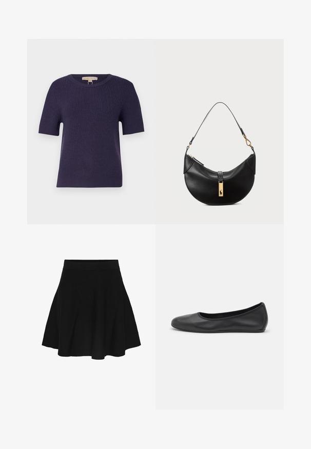 MICHAEL Michael Kors SHORT SHAKER - Svetr - dark iris; Černá rozšířená sukně s elastickým pasem, ke kolenům, vyrobená z měkké látky, vystavená na bílém pozadí.; Černé kožené baletní byty s kulatou špičkou, hladkou texturou, minimálními švy a flexibilním designem podrážky.; Černá kožená kabelka ve tvaru půlměsíce. Obsahuje zlaté kovové detaily a úzký popruh. Hladký povrch, zapínání na zip na vrchu.