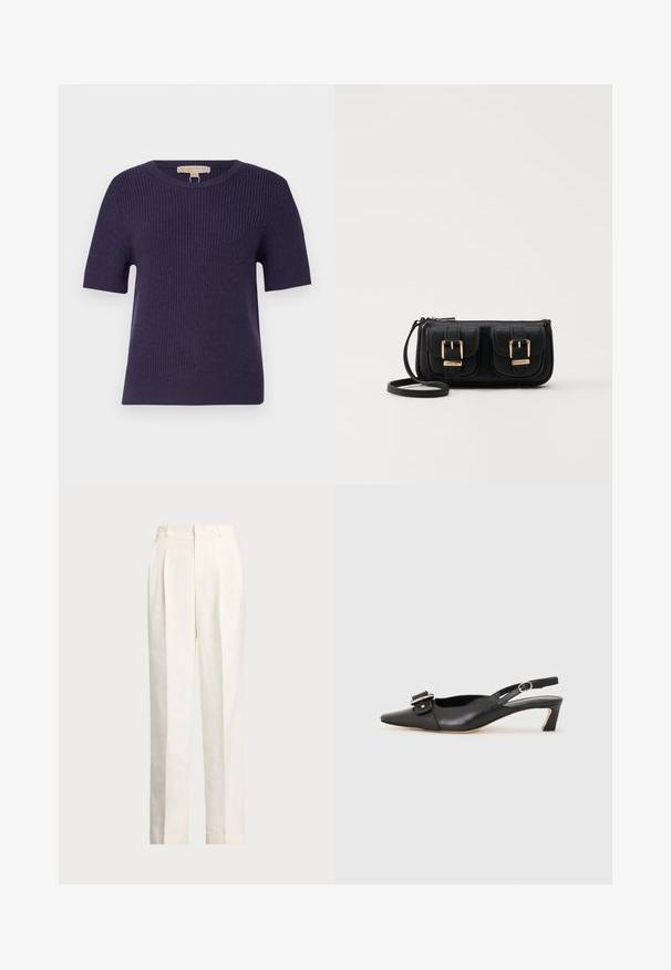 MICHAEL Michael Kors - Sweter; Polo Ralph Lauren - Spodnie materiałowe; Czarne skórzane buty typu slingback z ostrym noskiem, małym obcasem i ozdobnym zapięciem na górze. Gładka faktura, minimalistyczny design.; Czarna skórzana torba na ramię z dwoma przednimi kieszeniami, złotymi klamrami, zamkiem błyskawicznym i cienkim paskiem. Teksturowana powierzchnia i kompaktowy prostokątny kształt.