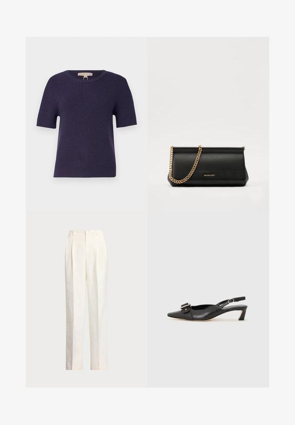 MICHAEL Michael Kors SHORT SHAKER - Strickpullover - dark iris; Polo Ralph Lauren HEMP WIDE LEG PANT - Stoffhose - nevis; Schwarzer Leder Slingback-Schuh mit spitzer Zehenform, kleinem Absatz und dekorativem Schnallen-Detail auf dem Obermaterial. Glatte Textur, minimalistisches Design.; Schwarze Leder-Clutch mit einer goldenen Ketten-Trage, die eine glatte Oberfläche, rechteckige Form und geprägtes Branding auf der Vorderseite aufweist.