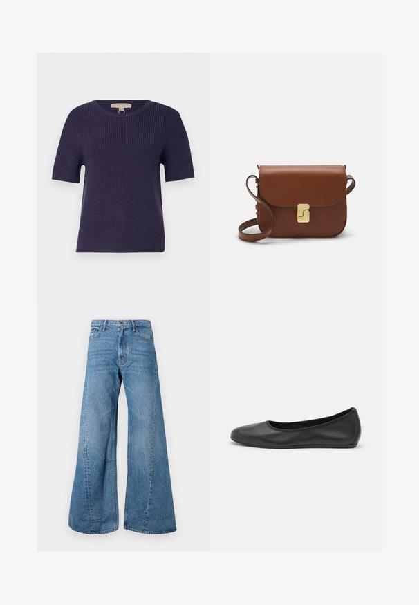 MICHAEL Michael Kors SHORT SHAKER - Jumper - dark iris; Wide-leg blue denim jeans with a high waist, featuring classic five-pocket styling and slight fading for texture.; Black leather ballet flat with a rounded toe, smooth texture, minimal stitching detail, and a flexible sole design.; Brown leather handbag with a flap closure, gold-tone hardware, a shoulder strap, and a smooth texture. Compact rectangular shape.