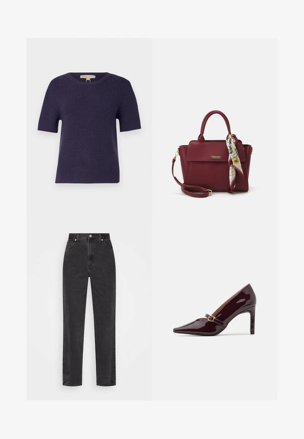 MICHAEL Michael Kors SHORT SHAKER - Jersey de punto - dark iris; Vaqueros de mezclilla negra de pierna recta con cintura alta, botón y cremallera en el frente, y estilo de cinco bolsillos sobre un fondo blanco.; Zapato de tacón alto burdeos con punta afilada, tira de tobillo con detalles en oro y un acabado liso y pulido. Tacón de aguja elevado.; Bolso burdeos de material sintético con un diseño estructurado, que cuenta con una correa desmontable y una bufanda con estampado floral atada al asa.