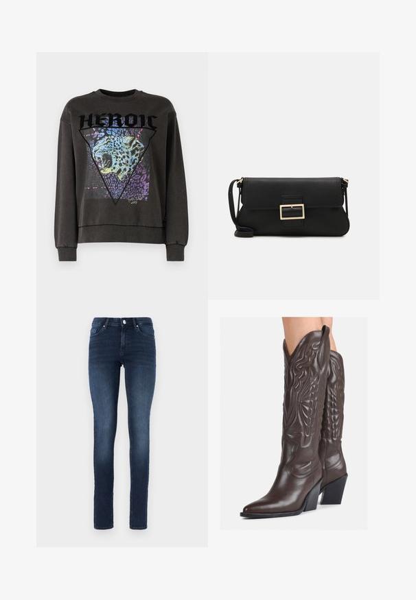 Tumši pelēks sporta krekls ar apaļu izgriezumu, kura priekšpusē ir leopardu grafika trīsstūra dizainā, izceltu ar purpura un zila akcentiem.; Tumši zili skinny džinsi, izgatavoti no denima, ar klasisku piecu kabatu dizainu, pogu aizdari un nelielu izbalējumu uz augšstilbiem.; Brūni ādas kovboju zābaki ar norādītu purngalu un blokveida papēdi, ar detalizētu šūšanu un paceltiem akcentiem uz kājas daļas.; Melnas ādas saķeres soma ar atloku un zelta metāla sprādzi. Ietver melnu siksnu un elegantu, minimālistisku dizainu.; Sudraba gredzenveida auskari ar savītu dizainu, kas ir ar pulētu apdari un ar aizmugurēju fiksāciju. Izmērs ir aptuveni 3 cm diametrā.