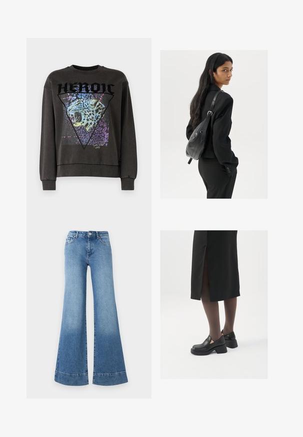 Sötét szürke pulóver, kerek nyakkivágással, leopárd grafikával, háromszög alakú dizájnban, lila és kék kiemelésekkel.; Világoskék farmer széles szárú, magas derekú flare nadrág, enyhe kopással. Klasszikus, öt zsebes dizájnnal és fémből készült gombos záródással rendelkezik.; Fekete bőr cipők lekerekített orral, vastag blokk sarkakkal és elasztikus oldalsó díszítésekkel, sötét harisnyával és hasítékkal ellátott fekete szoknyával párosítva.; Hosszú, sötét hajú nő fekete öltönyben, fekete bőrtáskával a vállán, a vállán át néz a fehér háttér előtt.