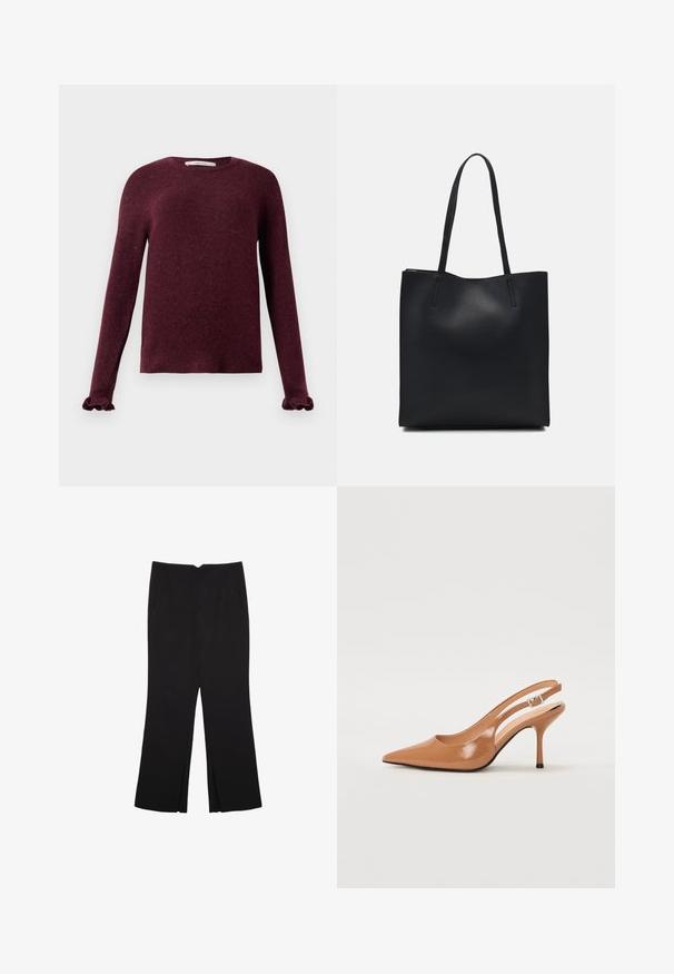 Dug zdjelasti bordo pleteni pulover s naboranim rukavima i okruglim izrezom na jednostavnoj pozadini.; Crne hlače ravnog kroja, s prednjim džepovima i bočnim prorezima na rubu. Izrađene od mekog i glatkog materijala. Pogodne za razne prigode.; Sandal s petom u obliku šiljastog prsta od glatkog, sjajnog smeškastog materijala. Ima zakrivljeni izrez i vitku štiklu. Detalj s srebrnom kopčom.; Crna kožna torba za nošenje s glatkom teksturom, pravokutnim oblikom i dvije duge ručke. Nema vidljivih metalnih dijelova ili ukrasa.