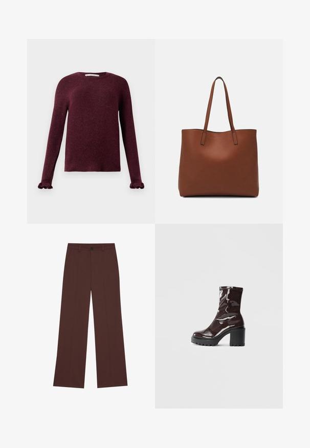 Hřejivý vínový pletený svetr s dlouhými rukávy, volánovými manžetami a kulatým výstřihem na jednobarevném pozadí.; Kalhoty s širokými nohavicemi vyrobené z bohaté hnědé látky. Obsahují zapínání na knoflík, dvě přední kapsy, hladkou texturu a čisté linie.; Lesklá bordó kotníková bota s masivním černým podpatkem, se hladkým povrchem a jednoduchým designem. Žádné viditelné zapínání ani vzory.; Hnědá kožená taška přes rameno s hladkou texturou, otevřeným designem a dvěma ramenními popruhy. Obsahuje minimální švy a žádné viditelné kovové prvky.