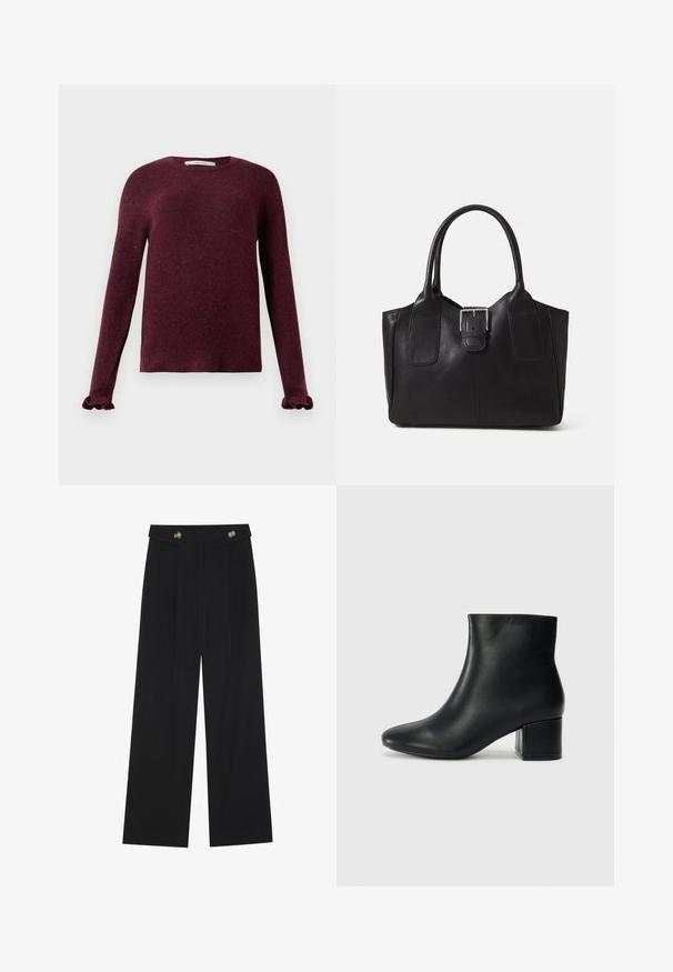 Ilga rankovė burgundiška megzta palaidinė su raukiniais ant rankovių ir apvalia iškirpte ant vienspalvio fono.; Juodi plačios kojos kelnės su aukštu liemeniu, sagų detalėmis ant liemens ir priekinėmis raukšlėmis.; Juodos odinės aulinės botai su smailiu priekiniu pirštu ir storu kulnu. Lygus tekstūra su minimaliomis detalėmis ir elegantišku, tvirtai priglundančiu dizainu.; Juodas odinis nešiojamas krepšys su lygiu paviršiumi, struktūrine forma, dviem rankenėlėmis ir ryškiu sidabriniu sagties akcentu priekyje.