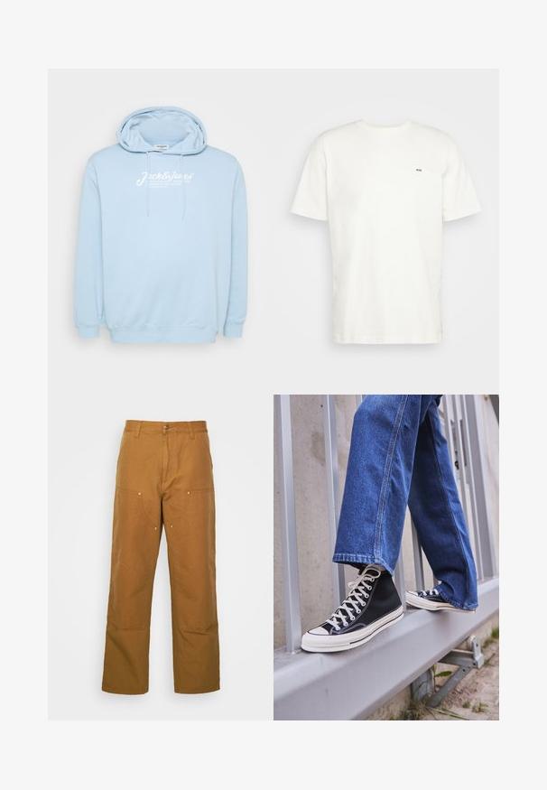Svijetloplavi dukserica s prednjim kengur džepom, kapuljačom sa čipkom i bijelim natpisom na prsima. Izrađena je od mekane tkanine s rebrastim manžetama.; Bijela pamučna majica s okruglim izrezom, kratkim rukavima i malim crnim logotipom "W.W." na lijevoj strani prsnog koša. Glatka tekstura, regularni kroj.; Smeđe pamučne radne hlače ravnog kroja, s prednjim džepovima i metalnim detaljima za dodatnu izdržljivost.; Crne visoke tenisice s bijelim potplatom i vezicama, u kombinaciji s širokim plavim trapericama, naslonjene na sivi ogradu.
