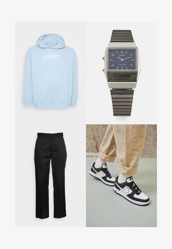 Svjetloplavi dukserica s prednjim kengur čepom, kapuljačom na vezanje i bijelim logotipom na prsima. Izrađena od mekane tkanine s rebrastim manžetama.; Črne hlače iz gladkega materiala, s straight leg dizajnom, pasom za pas in dvema stranskima žepoma. Klasičen videz brez okrasnih elementov.; Črno-bele superge Nike Air Force 1 z usnjenim zgornjim delom, perforiranim prstom in teksturiranim podplatom, oblečene z zvitimi bež hlačami in belimi nogavicami.; Casio digitalna ura z modrim številčnikom, srebrnim ohišjem in večplastnim črnim gumijastim trakom. Prikazuje čas in nastavitve alarma. Vodoodporna.