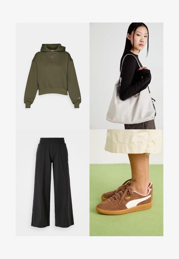 Olivno zelena skrajšana kapuca iz mehkega flisa, ki ima kapuco s vrvico, rebraste manšete in majhen logotip na prsih in rokavu.; Črne hlače širokega kroja z teksturirano tkanino, elastičnim pasom in akcentom PUMA logotipa. Enostaven dizajn z vsakodnevnimi kroji.; Rjave nubuk tene s sivo-belimi detajmi, gumijastim podplatom in roza peto. Videz čipk in detajl blagovne znamke je viden. Tatu na gležnju je delno viden.; Bežna torbica iz mehkega materiala, z ohlapno zasnovo, šivi in dvema naramnicama. Primerna za vsakodnevno uporabo.