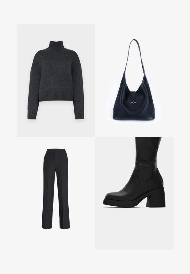 DAY Birger et Mikkelsen KENDRA - Neule - antracit grey; Mustat, korkeavyötäröiset housut, joissa on suora lahje. Valmistettu sileästä kankaasta, jossa on edessä laskokset ja sivutaskut.; Musta nahkasaapas nilkkapituudella, jossa on paksu lohkare-korko ja pyöristetty kärki, esitetty sivuprofiilissa valkoista taustaa vasten.; Mustat nahkakahvilaukku, jossa on pehmeä ja rento muotoilu. Varustettu litteällä hihnalla ja keskikohdan sulkemisella, jossa on kultainen yksityiskohta.